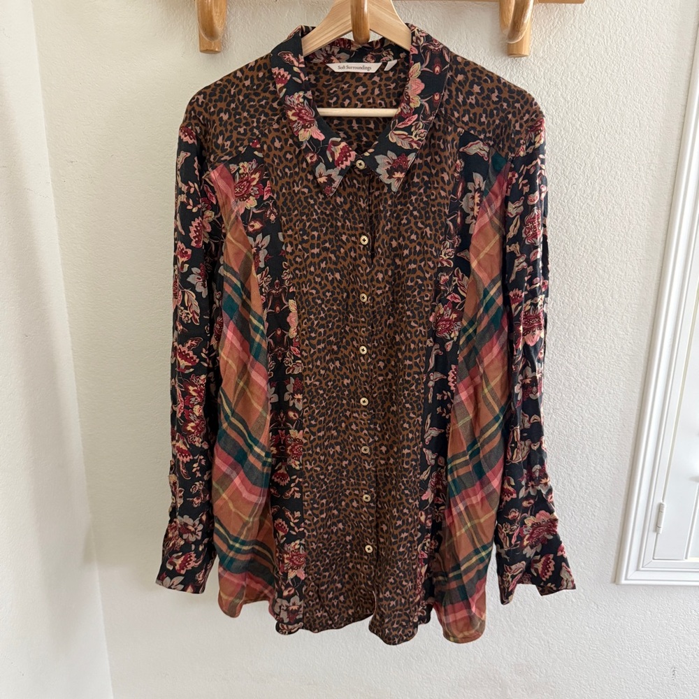 Soft Surroundings brown mixed floral animal print plaid boho long sleeve shirt - Picture 2 of 8